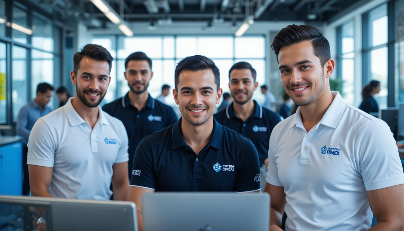 צוות עובדי חברת היי-טק לובשים חולצות פולו מותגות עם לוגו האלקטרוניקה