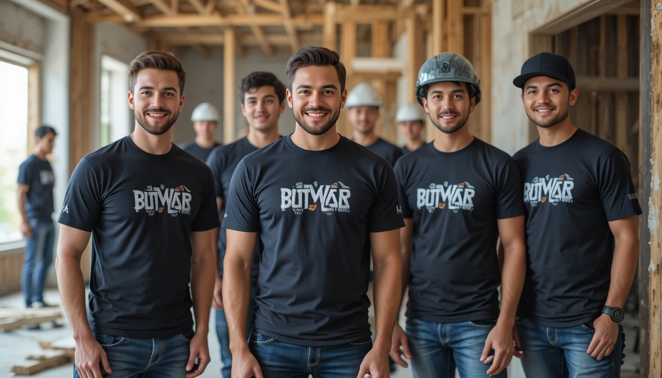 צוות שיפוצים מקצועי עם חולצות ממותגות איכותיות בפעולה