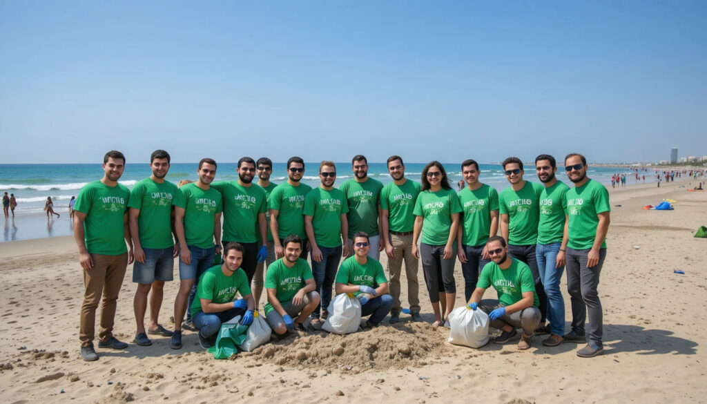 קבוצת עובדים בחולצות ממותגות משתתפת ביום התנדבות לניקיון חוף ים