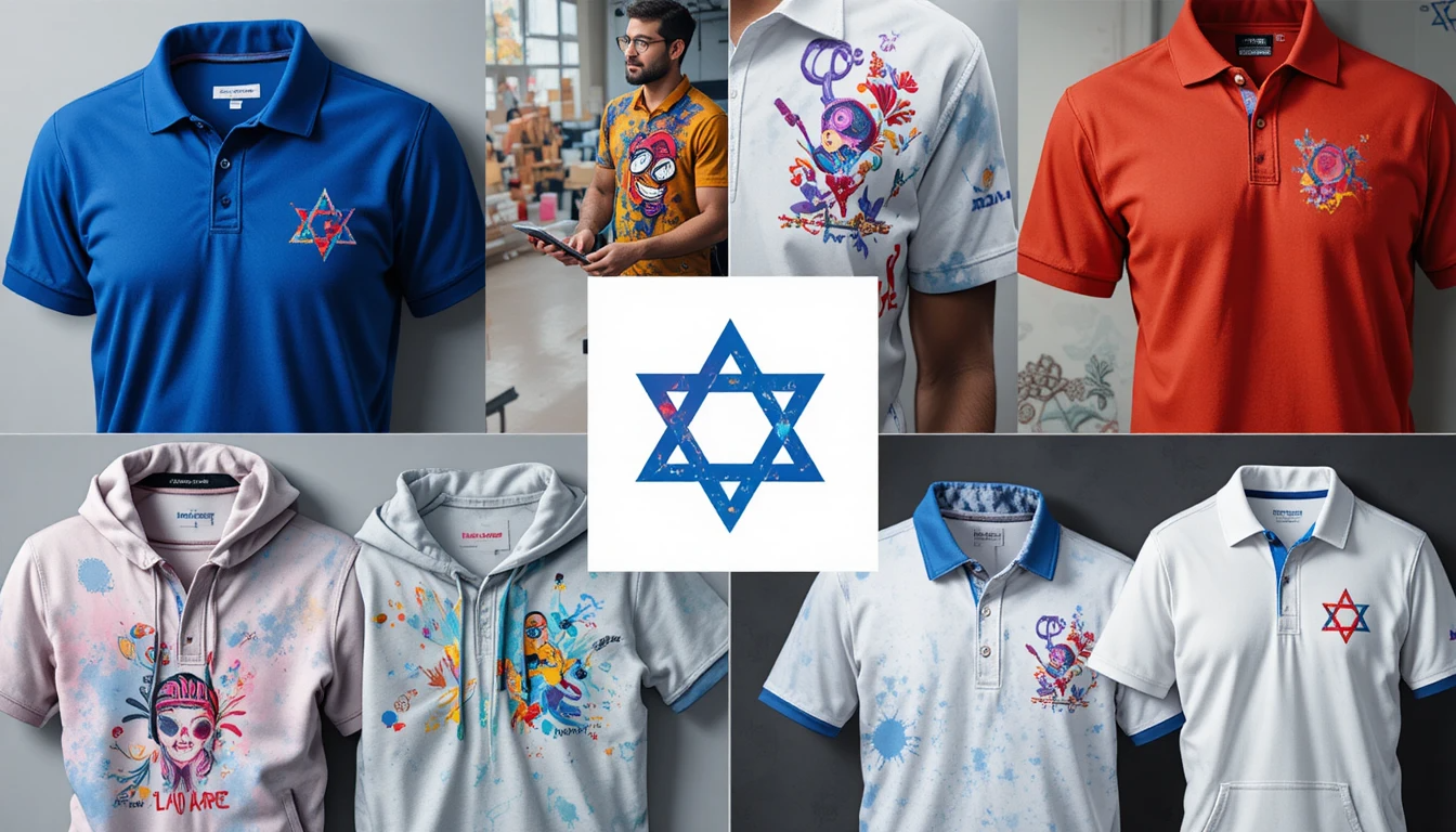 קולאז' של פרויקטי הדפסה מוצלחים - לוגואים על חולצות, הדפסות צבעוניות, רקמות