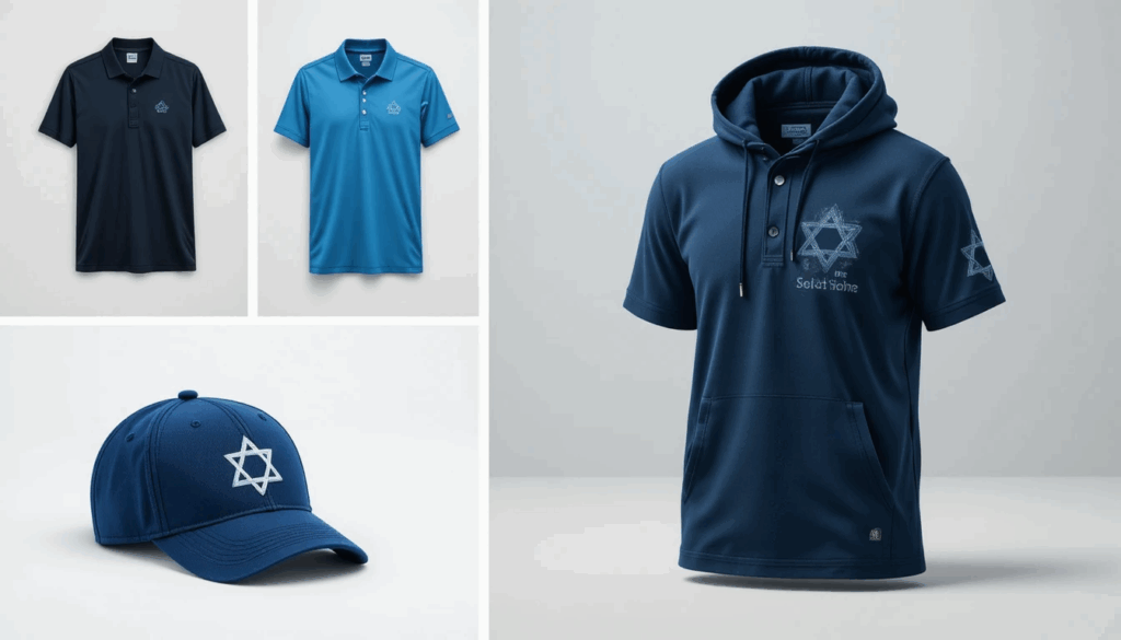 תיאור בעברית קולאז' של מוצרים שונים - חולצות, קפוצ'ונים, כובעים עם לוגו חברת הפקה