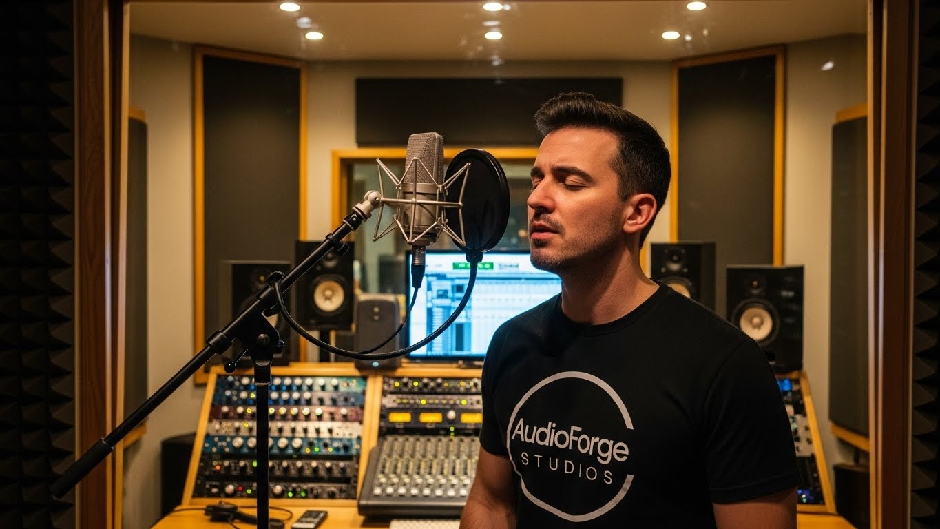 אמן מוזיקלי לובש חולצה ממותגת באולפן הקלטות