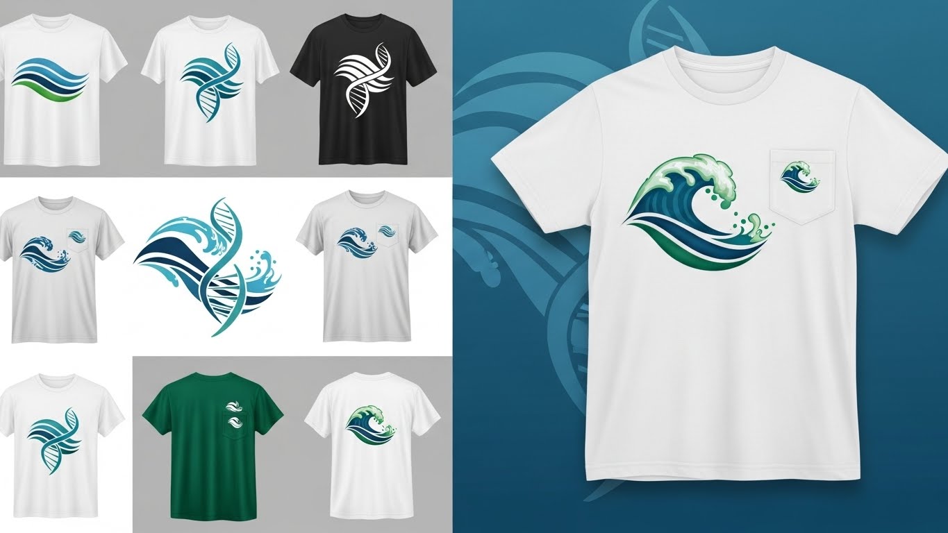 דוגמאות לעיצובי חולצות למיתוג חברות ביוטכנולוגיה ימית עם לוגו ואלמנטים גרפיים