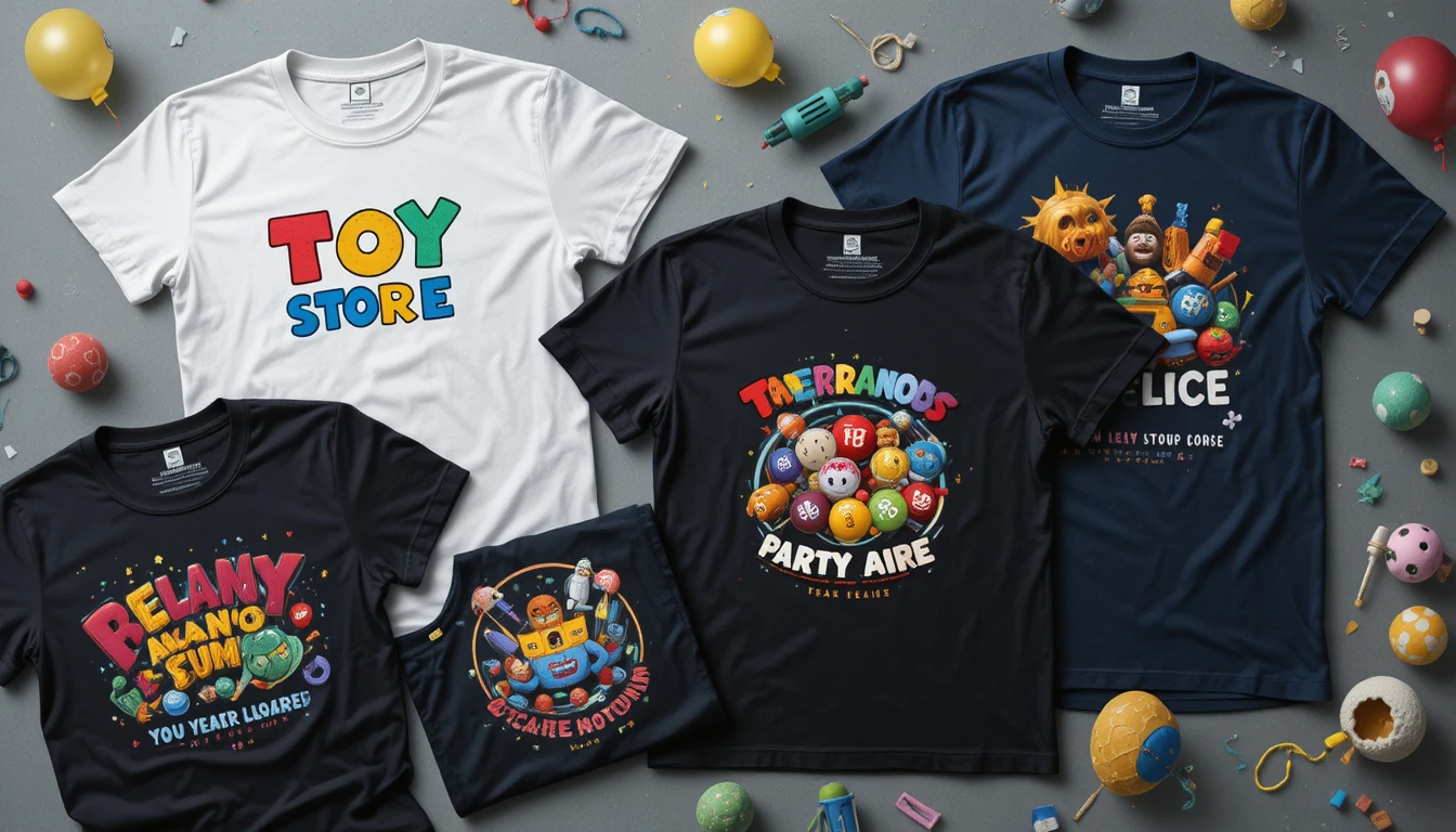 דוגמאות לעיצובי חולצות מודפסות לחנות צעצועים עם לוגו ואלמנטים גרפיים צבעוניים