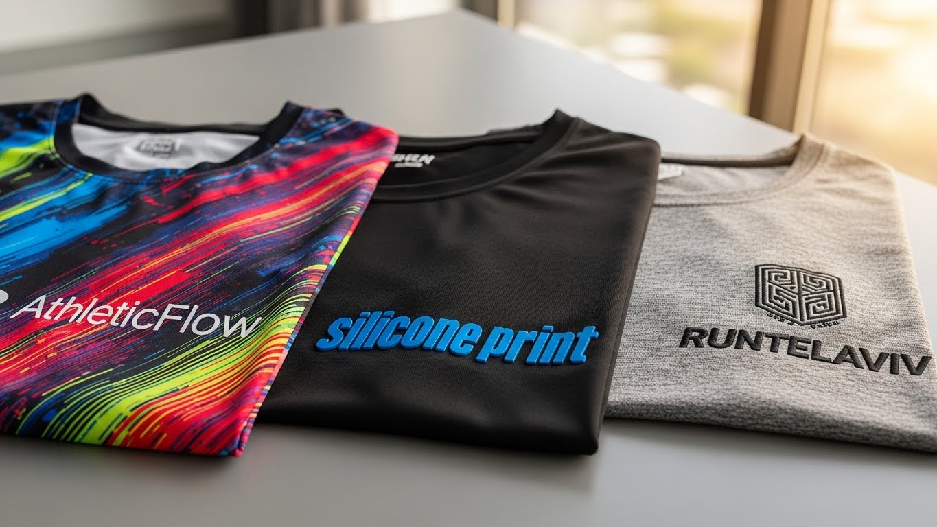 דוגמאות של שלוש שיטות הדפסה שונות על חולצות ריצה
