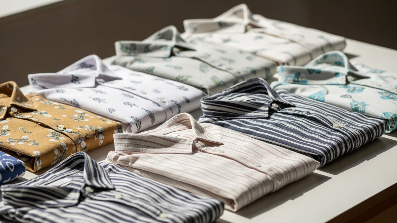 חולצות מודפסות מקופלות ומסודרות ברקע אומנותי