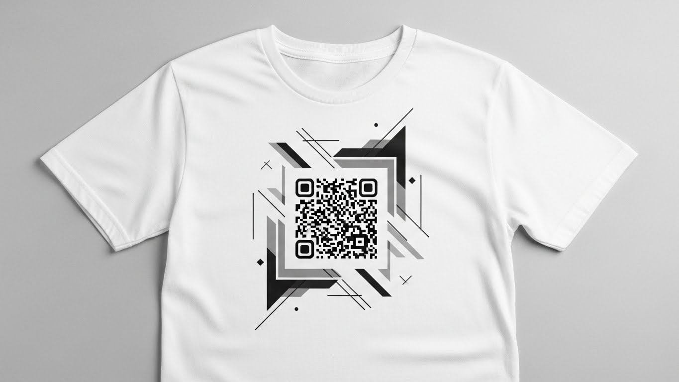 חולצת טי שירט לבנה עם QR קוד שחור מעוצב באמצע, סביבו עיצוב גרפי מודרני