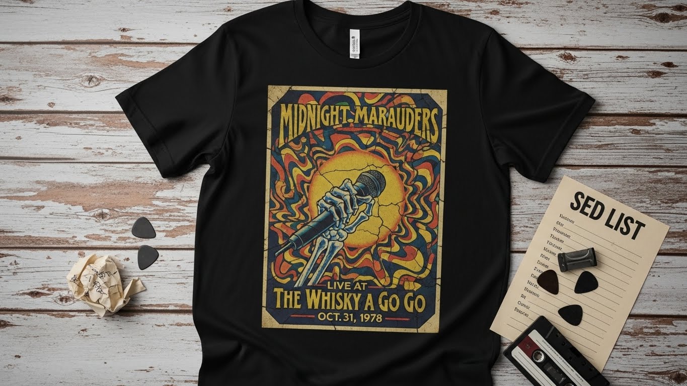 חולצת טי שירט עם הדפסה של להקה מוזיקלית