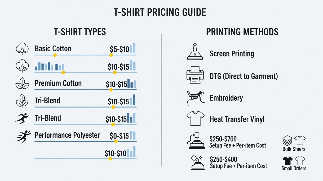 טבלת השוואת מחירים לסוגי חולצות והדפסות שונות