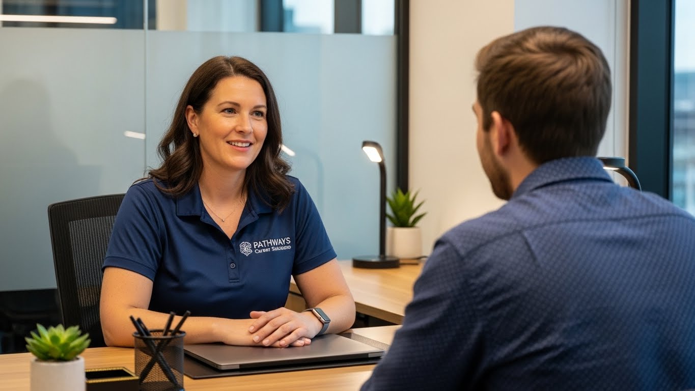 יועצת קריירה לובשת חולצת פולו ממותגת במהלך פגישת ייעוץ אישית