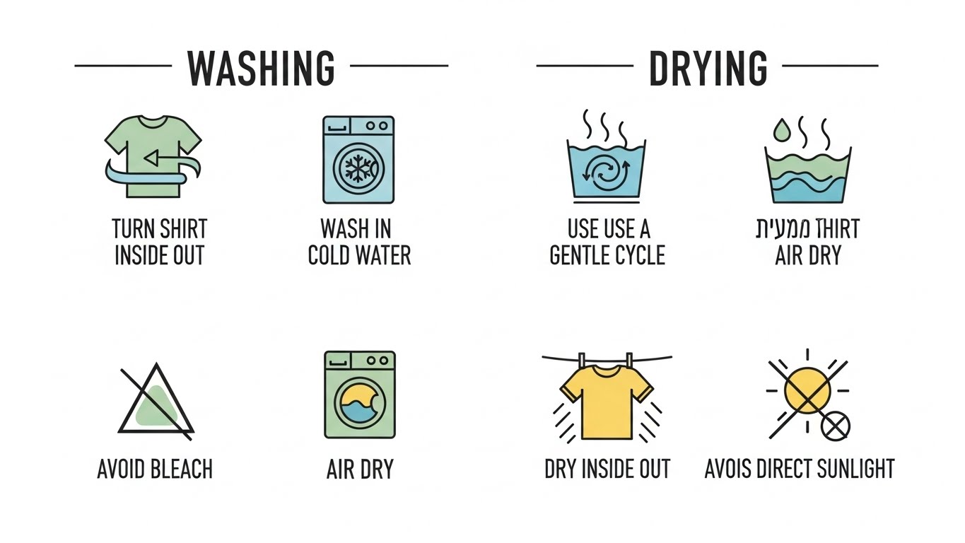 כיתוב בעברית טיפול נכון מבטיח אורך חיים – חולצות כמו חדשות לאורך זמן