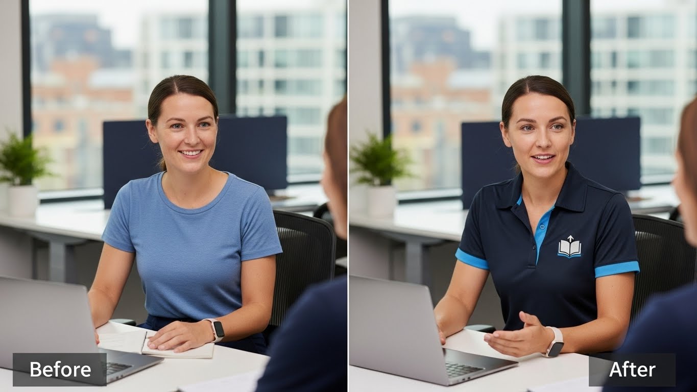 לפני ואחרי - יועץ קריירה בחולצה רגילה לעומת חולצה ממותגת מקצועית
