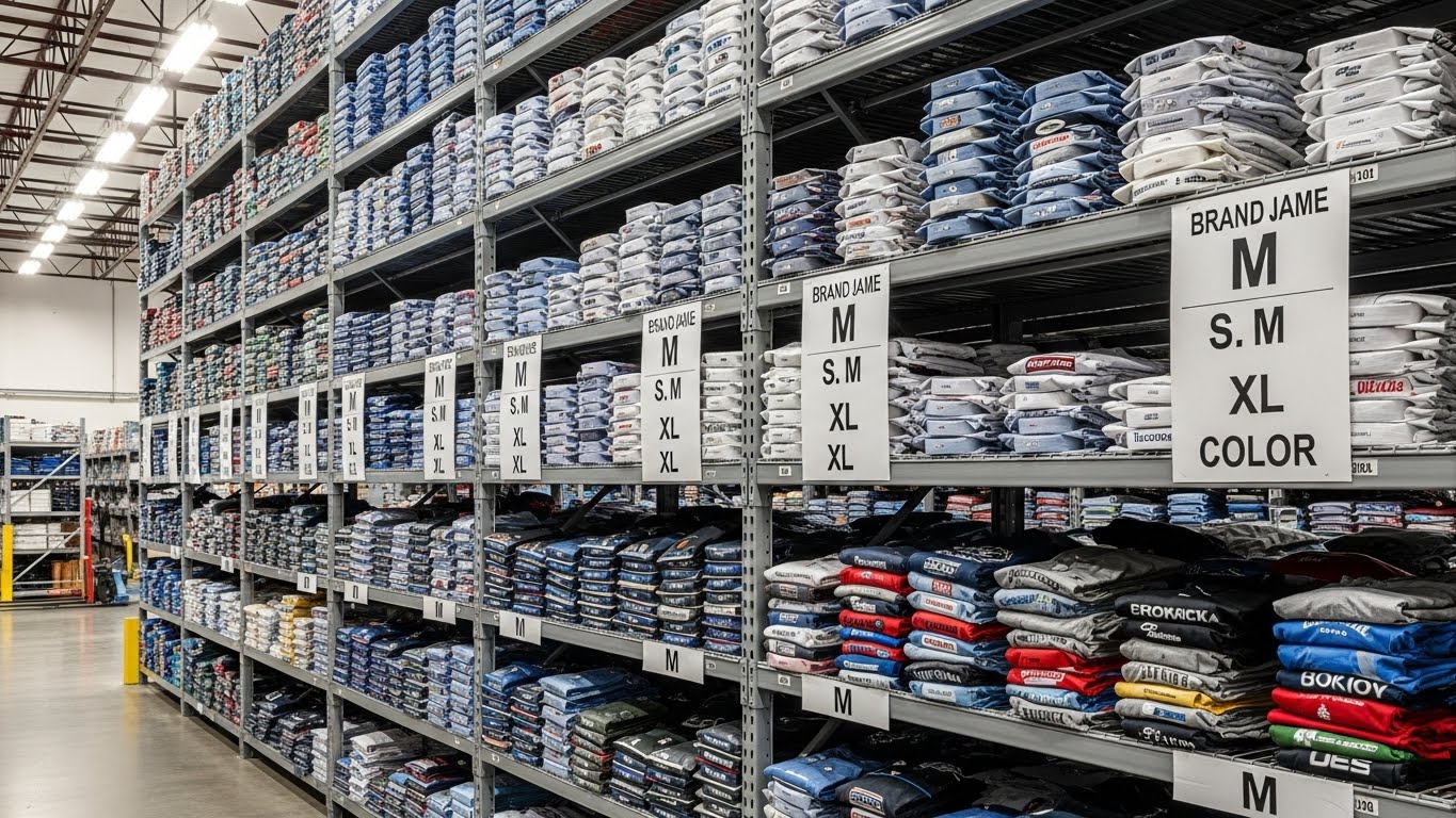 מלאי מסודר של חולצות ממותגות במידות שונות