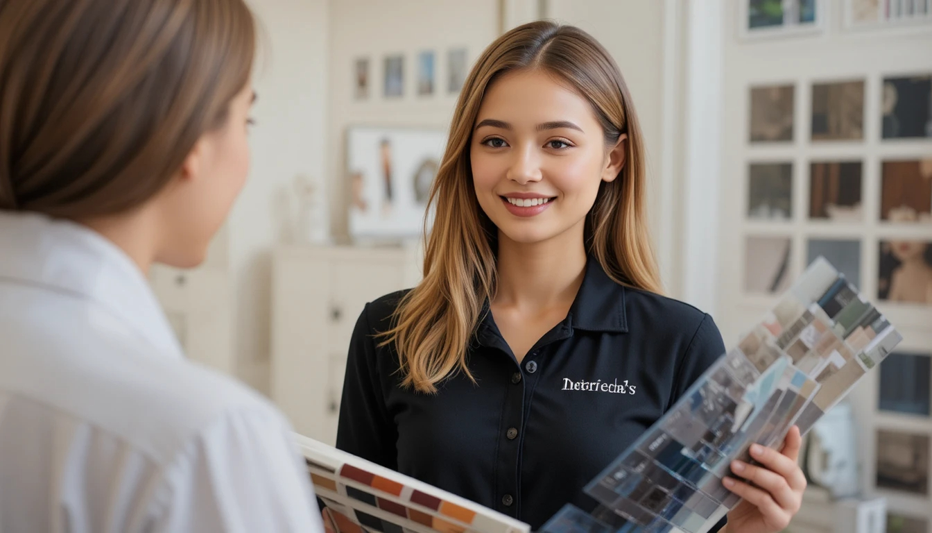 מעצבת פנים בחולצת פולו אלגנטית מציגה פלטת צבעים