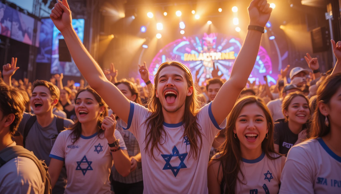 מעריצים שמחים לובשים חולצות הלהקה במופע חי