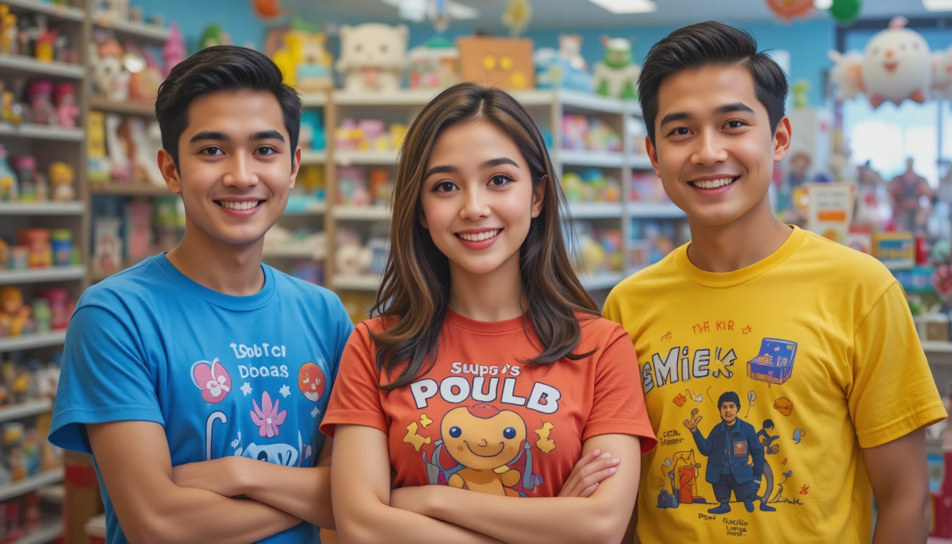 עובדי חנות צעצועים לבושים בחולצות מודפסות צבעוניות עם לוגו החנות