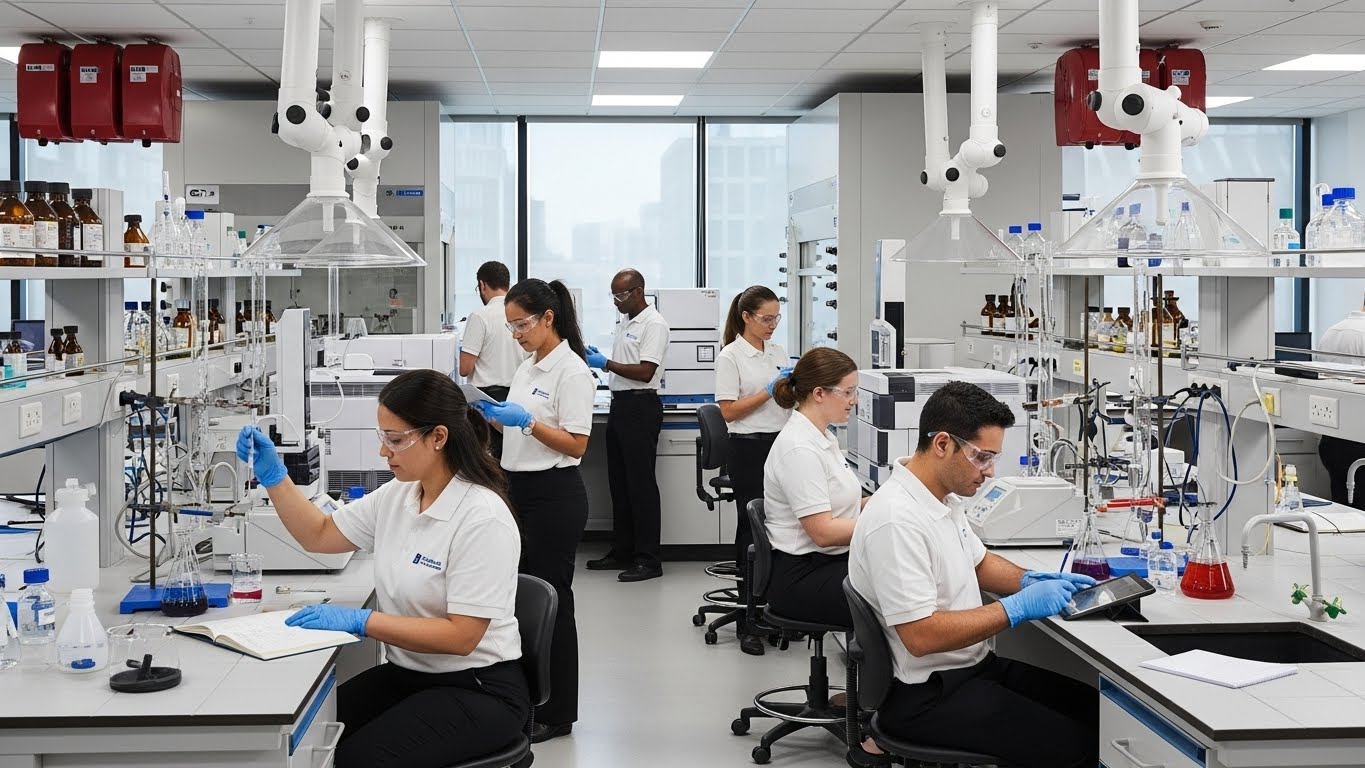 עובדי מעבדה כימית לובשים חולצות פולו ממותגות עם לוגו החברה