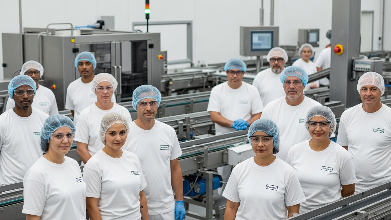 עובדי מפעל מזון לובשים חולצות ממותגות נקיות