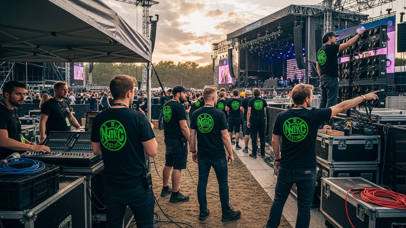 צוות הפקה של פסטיבל מוזיקה לובש חולצות ממותגות אחידות