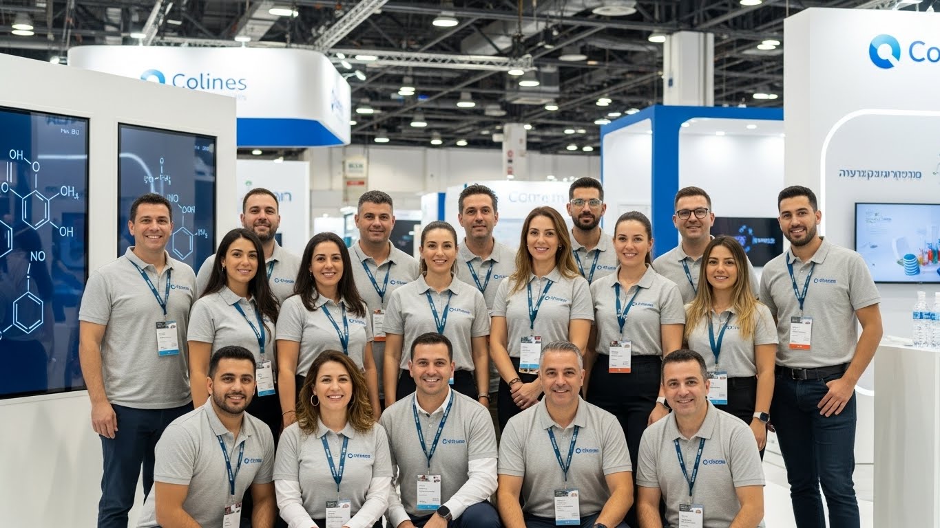 צוות חברת כימיה לובשים חולצות ממותגות בכנס מקצועי