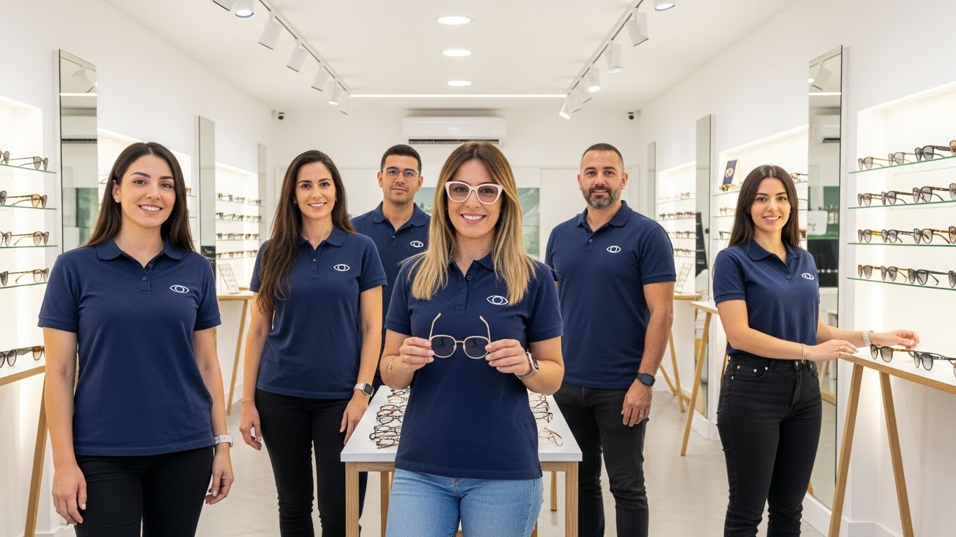 צוות חנות אופטיקה לובש חולצות פולו מודפסות בצבעים אחידים עם לוגו מקצועי