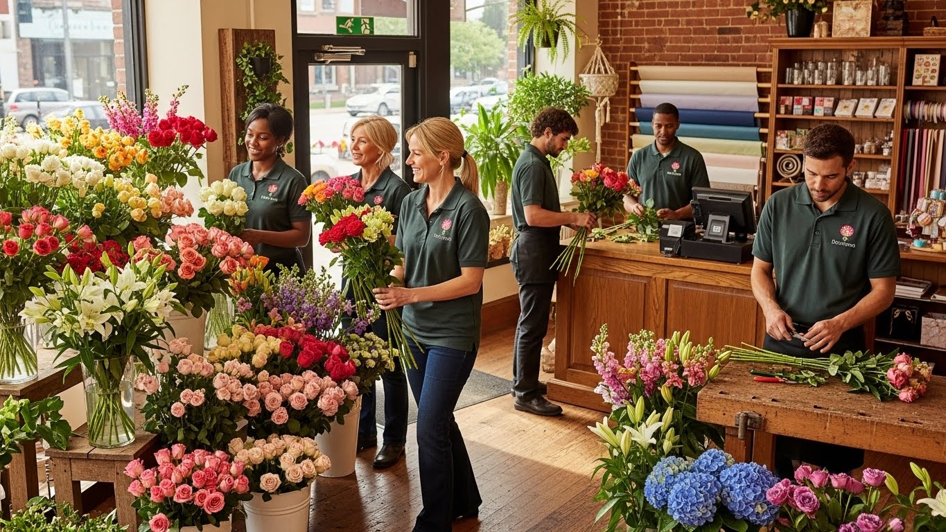 צוות חנות פרחים מקצועי בחולצות מותאמות אישית