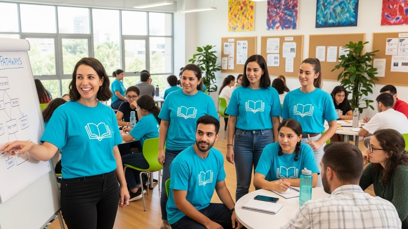 צוות יועצי קריירה בחולצות ממותגות במהלך סדנת קבוצה