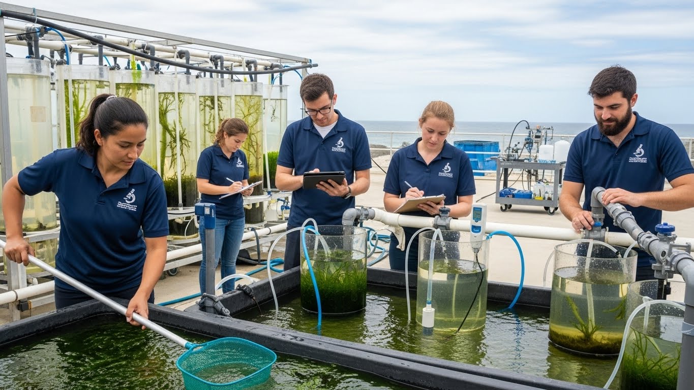 צוות מחקר בחולצות ממותגות עובד ליד מיכלי תרבית אצות ימיות