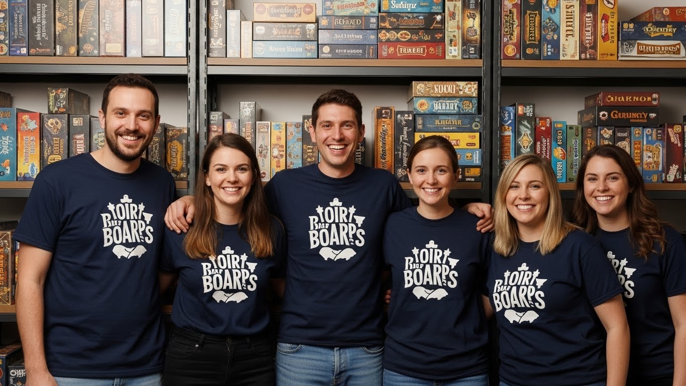צוות עובדים מחייך עם חולצות אחידות ממותגות, ברקע מדפים מלאים במשחקי לוח