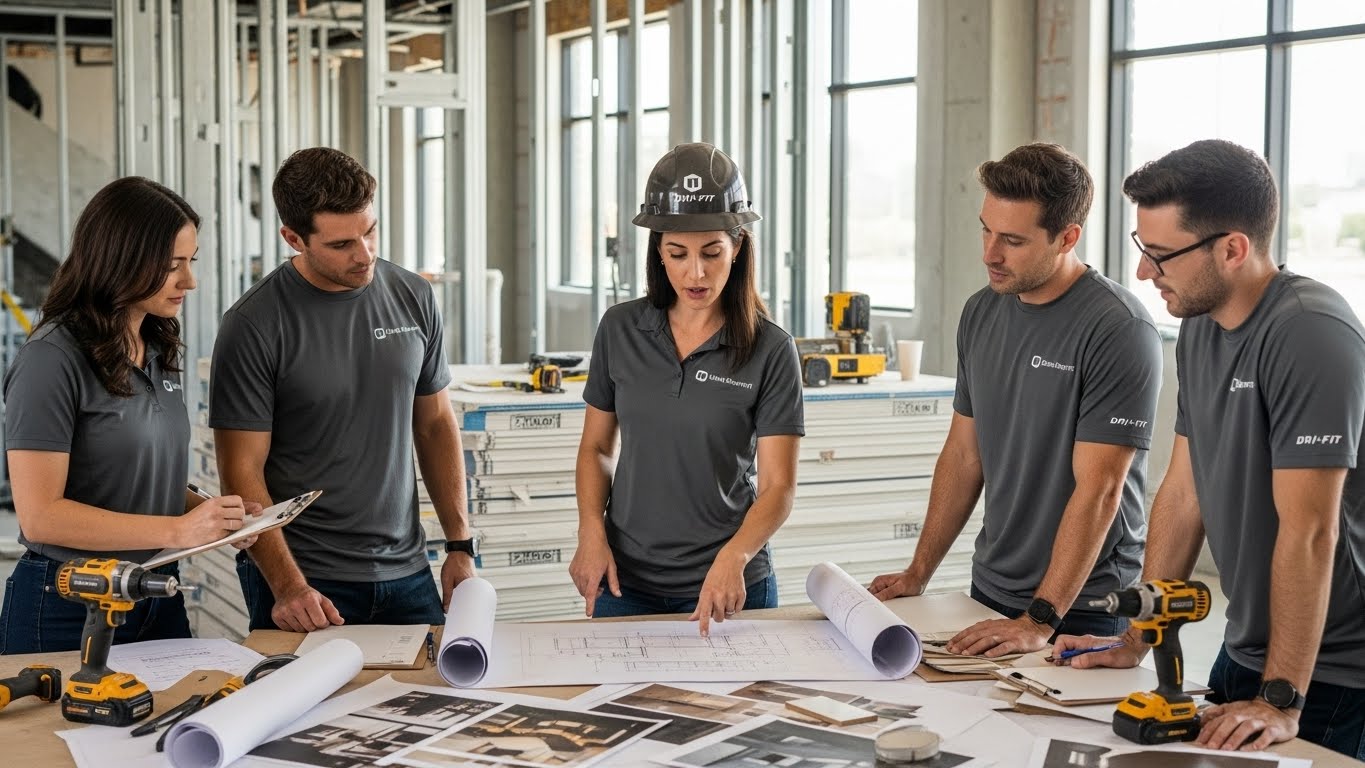 צוות עיצוב פנים בחולצות דרייפיט פונקציונליות באתר פרויקט