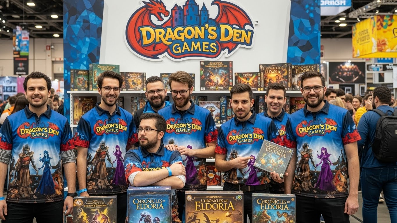 קבוצת אנשים בדוכן משחקי לוח, לובשים חולצות בצבע אחיד עם לוגו בולט על החזה והדפסים של משחקים על הגב