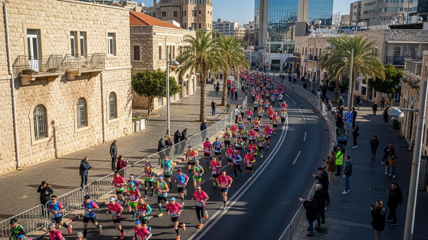 קבוצת רצים במרתון עם חולצות מעוצבות זהות