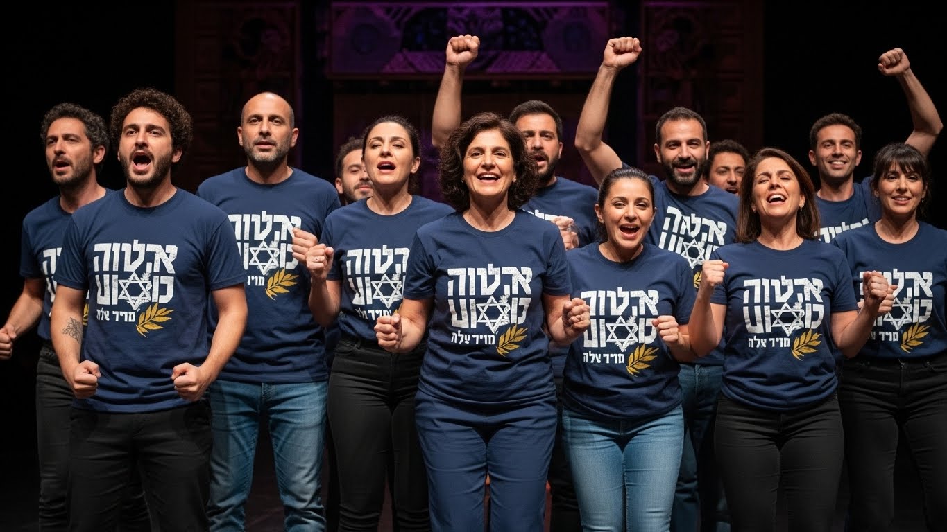 קבוצת שחקנים על במה לובשים חולצות מודפסות אחידות