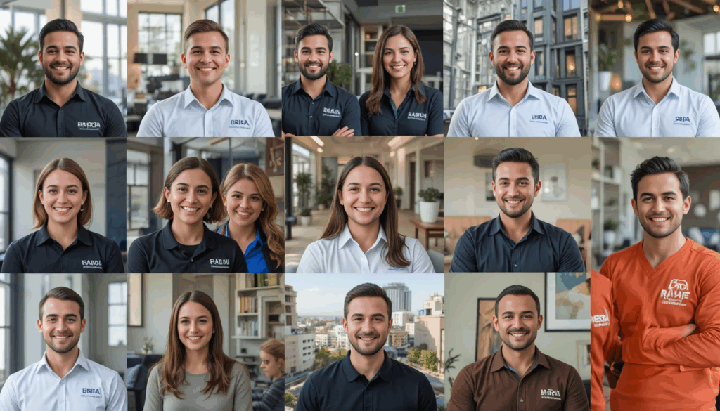 קולאז' של לקוחות מרוצים – חברות ניהול נכסים שונות עם החולצות הממותגות שלהם, לצד לוגואים מטושטשים