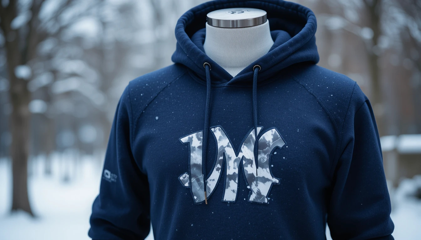 קפוצון כחול כהה עם הדפסת לוגו לבנה במרכז, ברקע נוף חורפי