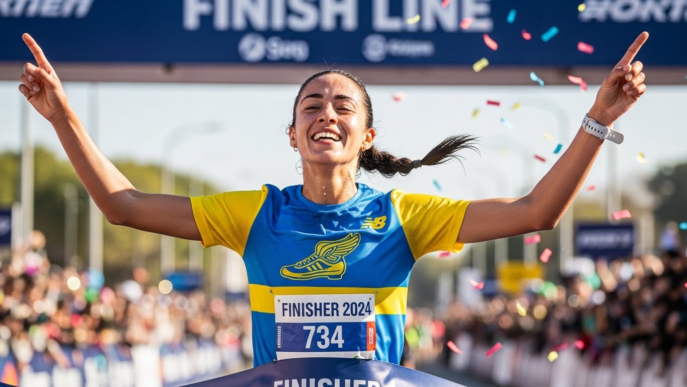 רץ מרתון מאושר עם חולצה מעוצבת על קו הסיום