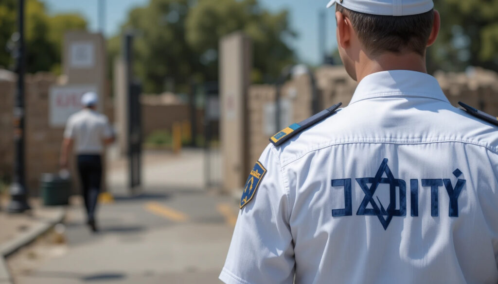 שומר אבטחה בחולצה מודפסת בעבודה באתר מוגן