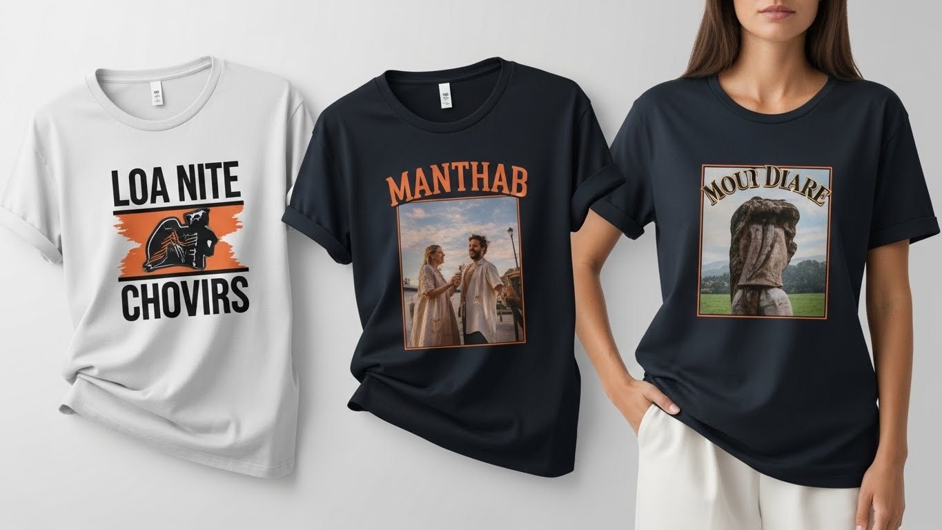 שלוש חולצות עם עיצובים שונים - אחת עם לוגו פשוט, אחת עם דמויות משחק, ואחת עם עיצוב גרפי מורכב