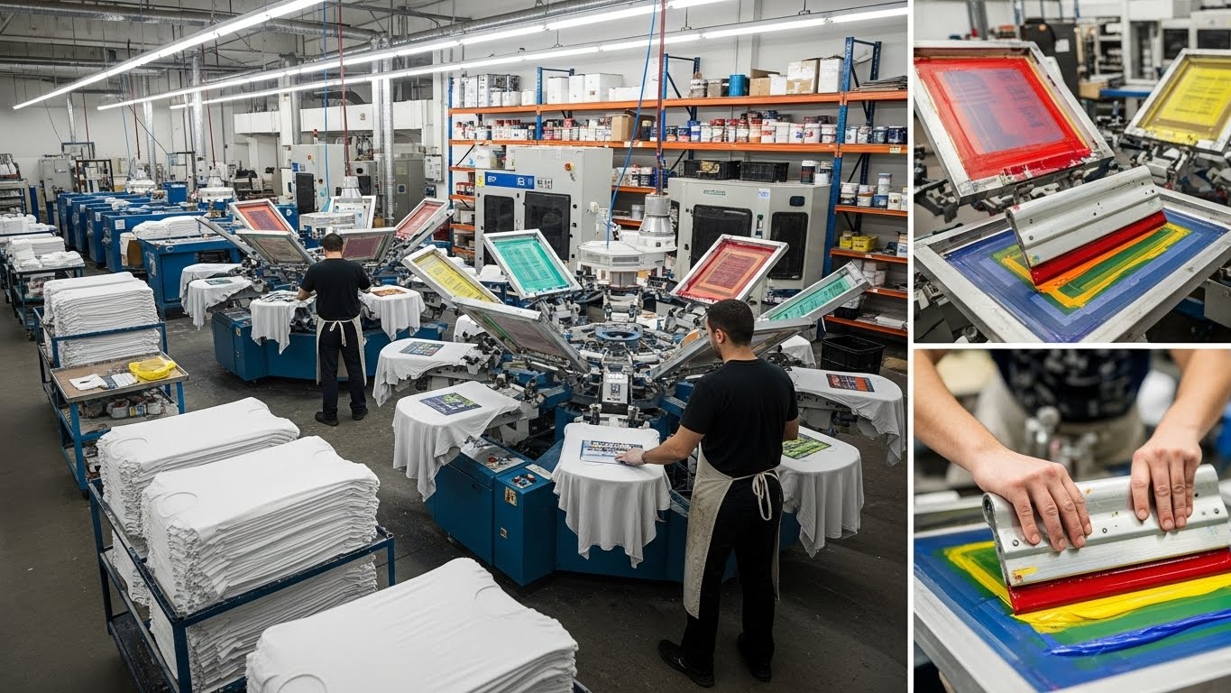 תהליך הדפסה על חולצות בסילקסקרין במפעל הדפסה מקצועי