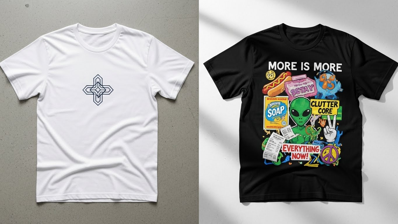 תיאור בעברית השוואה צד לצד של חולצה עם עיצוב נקי מול חולצה עם עיצוב עמוס מדי