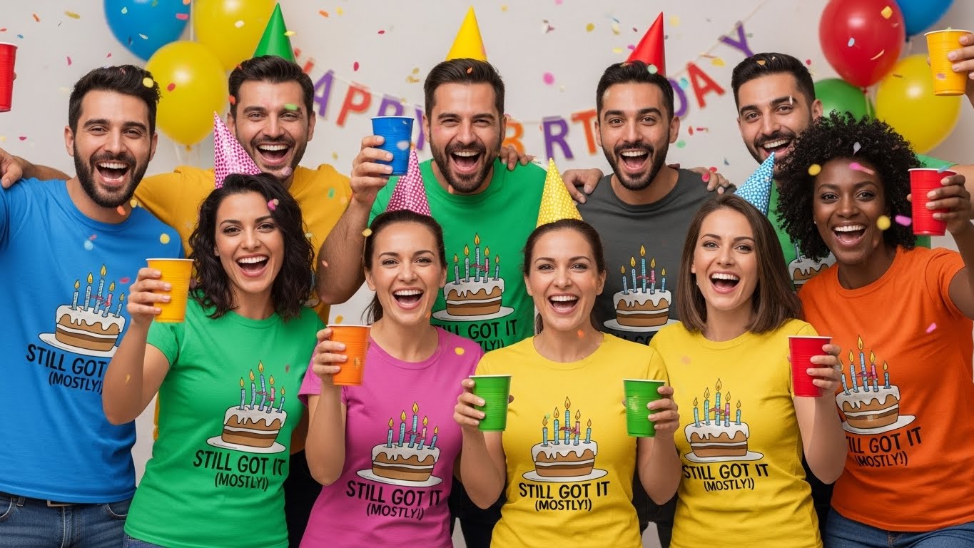 תיאור בעברית חבורת חברים לובשת חולצות תואמות עם עיצוב משעשע למסיבת יום הולדת