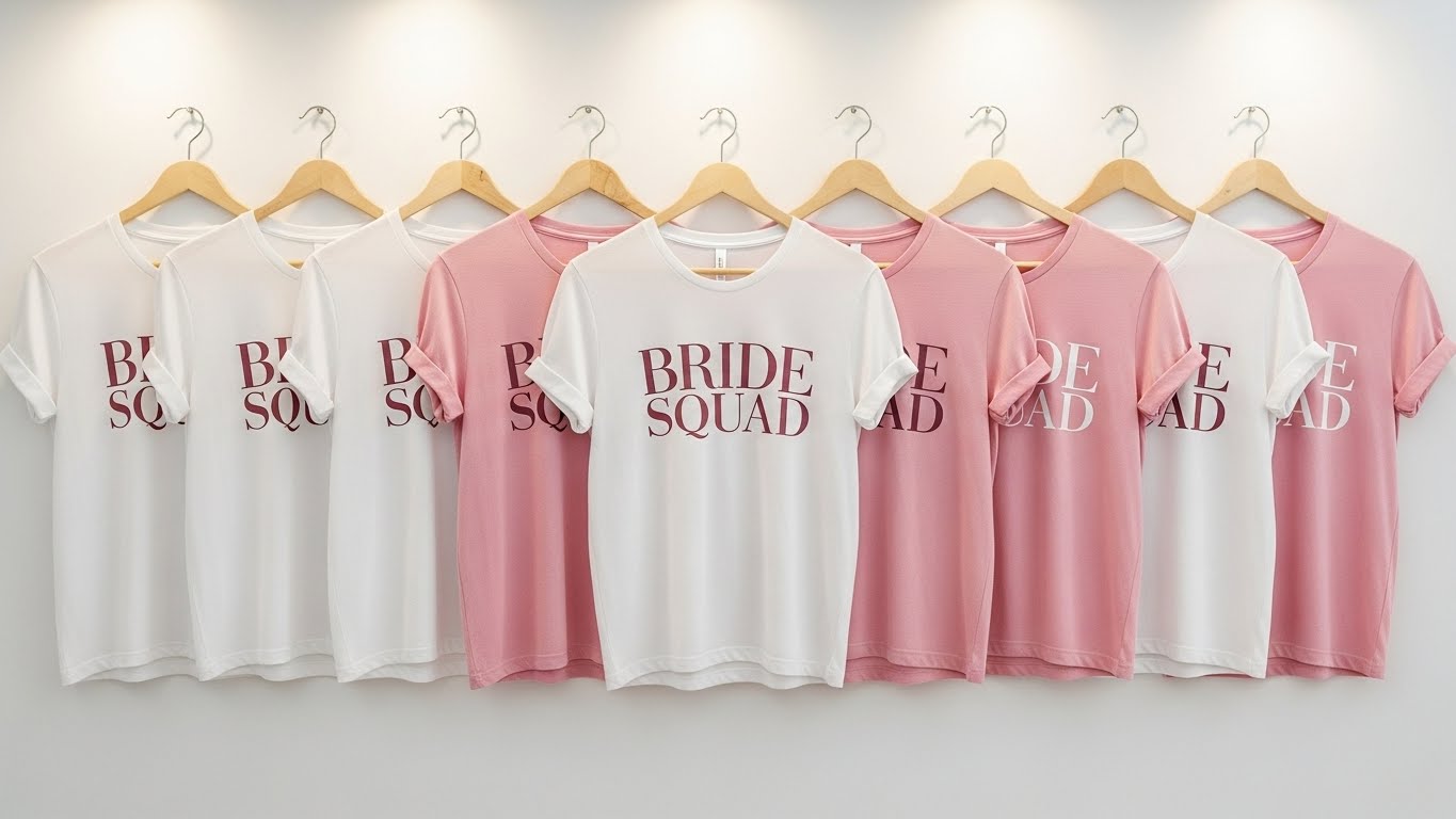 תיאור בעברית חולצות לבנות וורודות עם הדפסה צוות הכלה בעיצוב מינימליסטי