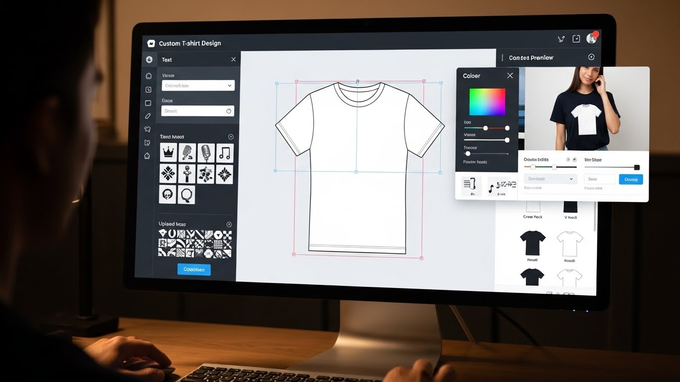תיאור בעברית מסך מחשב עם תוכנת עיצוב חולצות ואדם מעצב