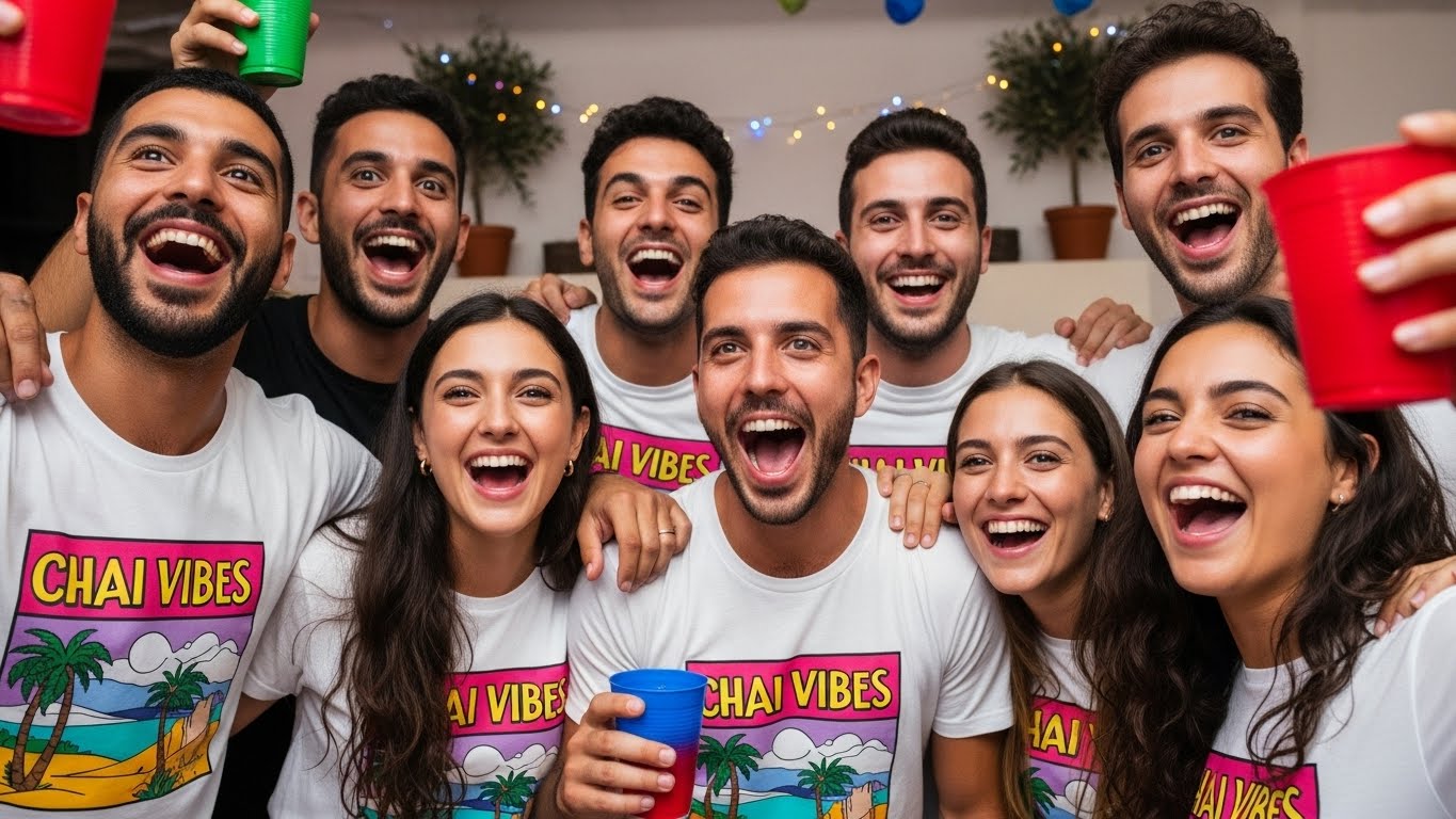 תיאור בעברית קבוצת חברים צעירים חוגגת במסיבה עם חולצות מודפסות תואמות