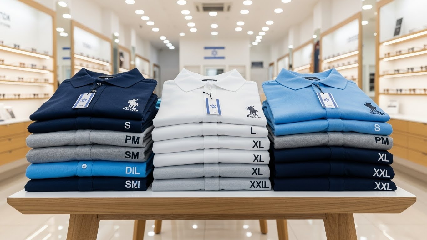 תצוגת חולצות מקופלות במידות שונות עם תגיות מידה