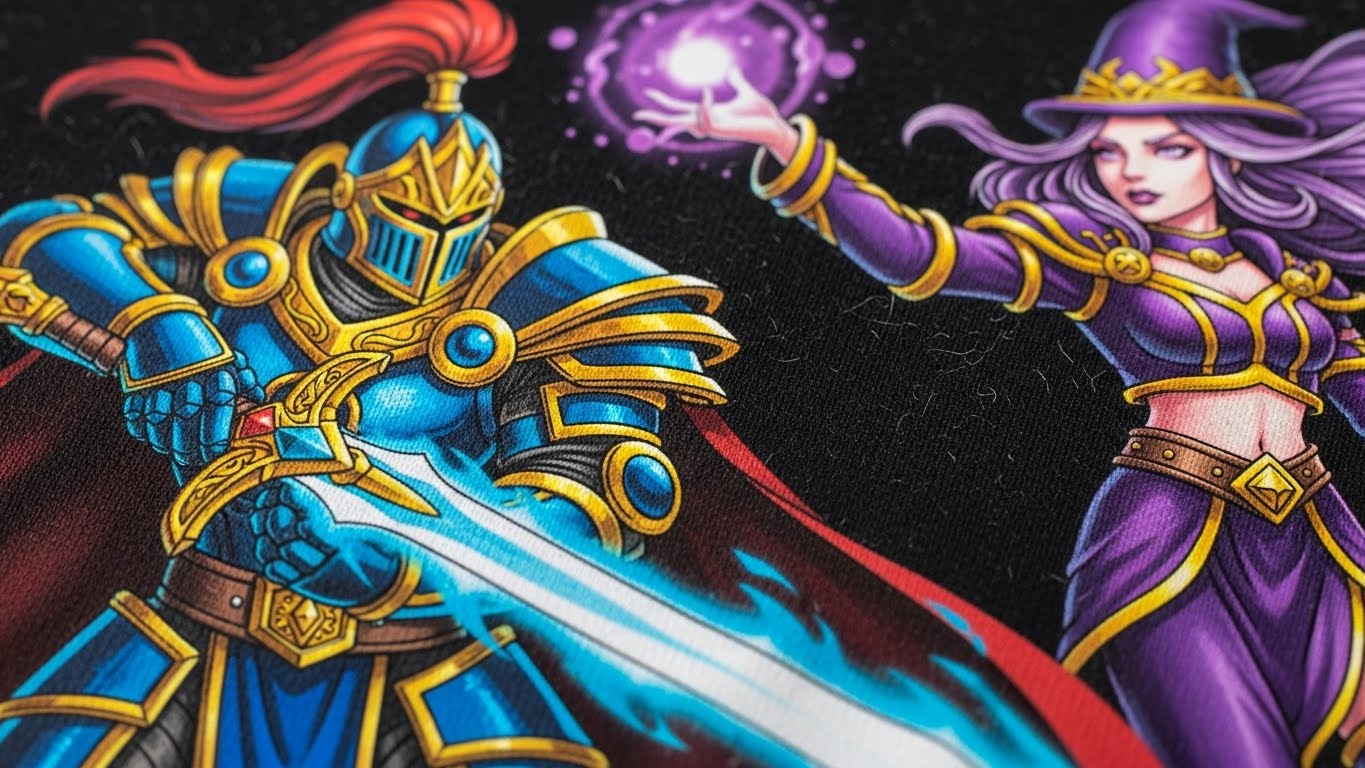 תקריב מקרוב של הדפסת DTF צבעונית על חולצה, מראה פרטים חדים ועומק צבעים