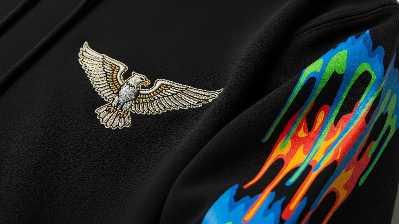  תקריב של חולצה עם ריקמה על החזה והדפסה על השרוול