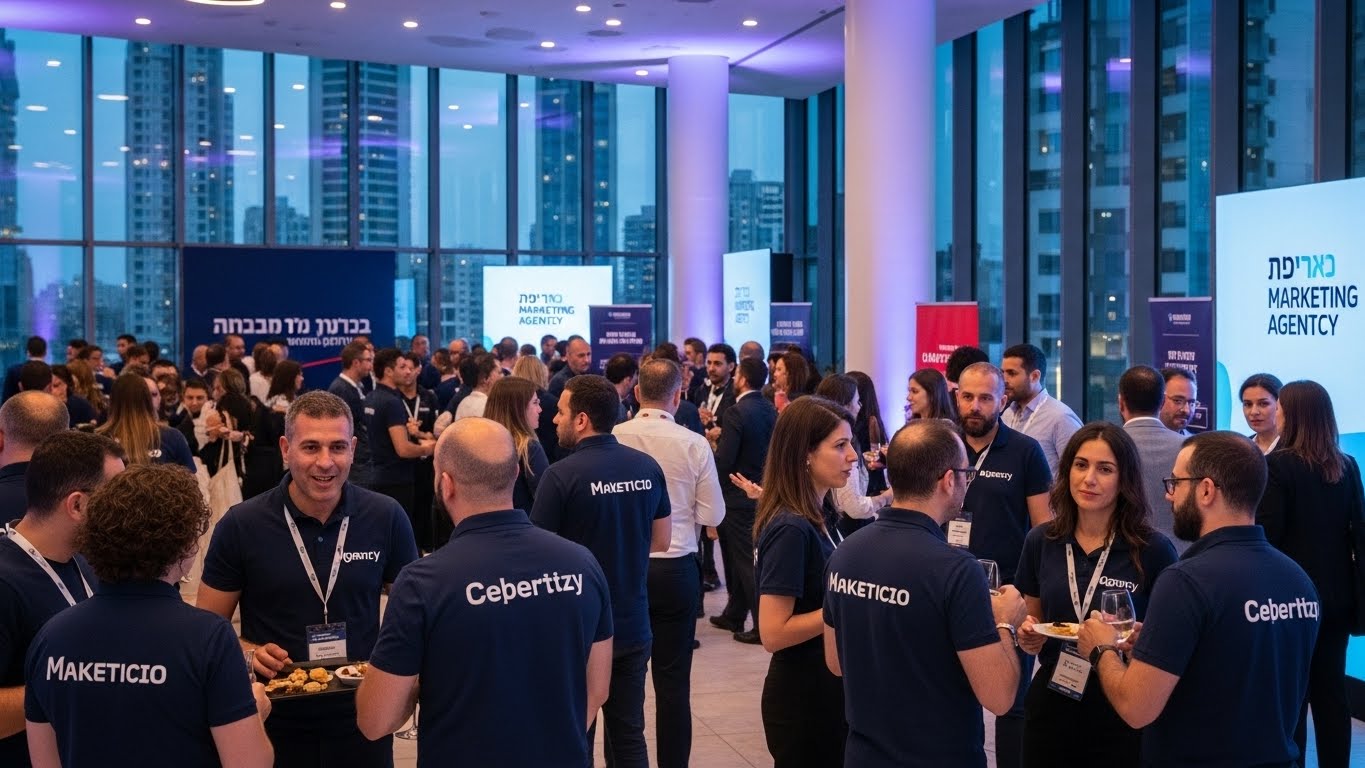 אירוע כנס שיווקי בחולון עם משתתפים לובשים חולצות ממותגות