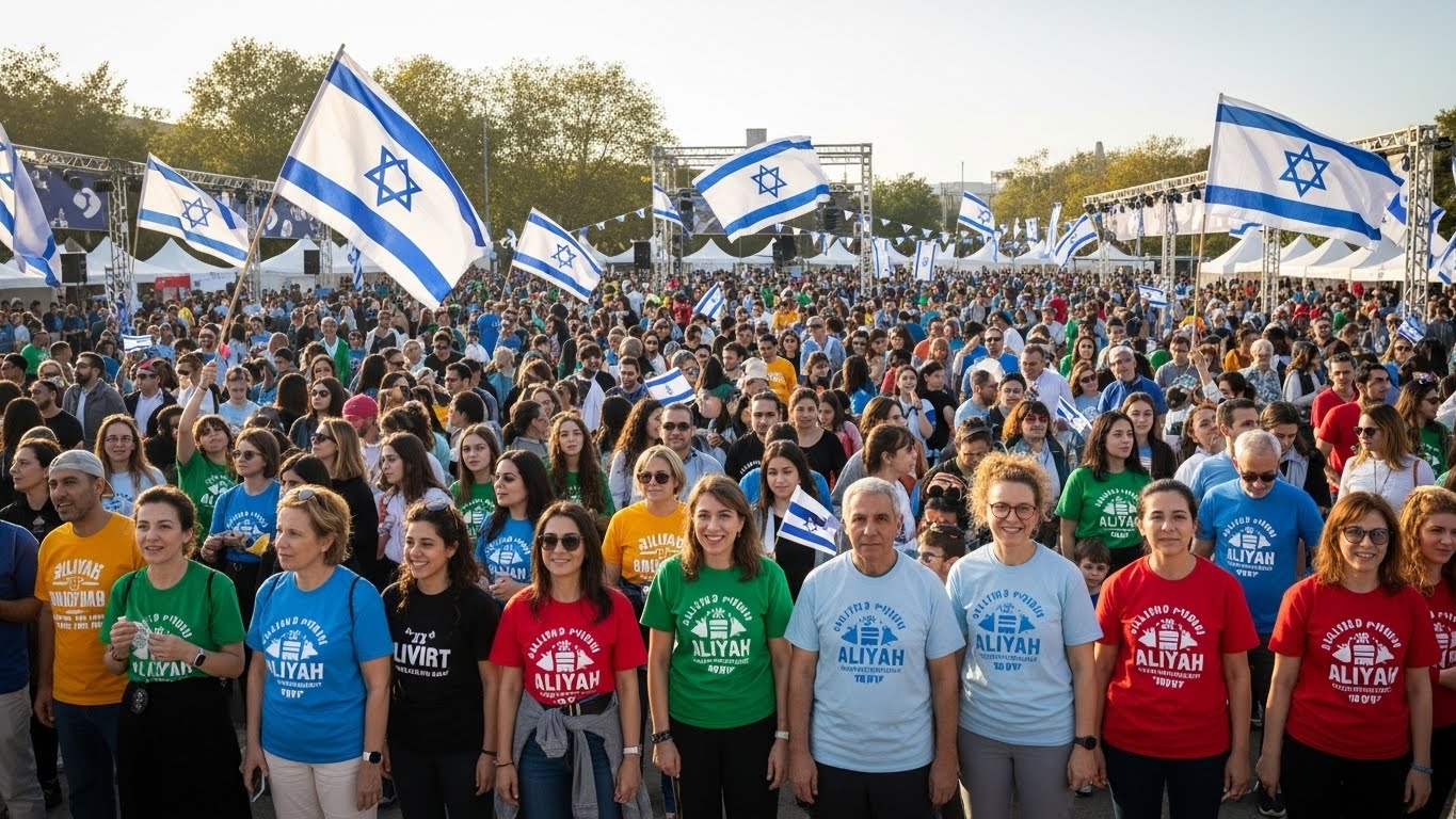 אירוע קהילתי גדול ליום העלייה, מאות אנשים לובשים חולצות מודפסות בצבעים שונים, אווירה חגיגית