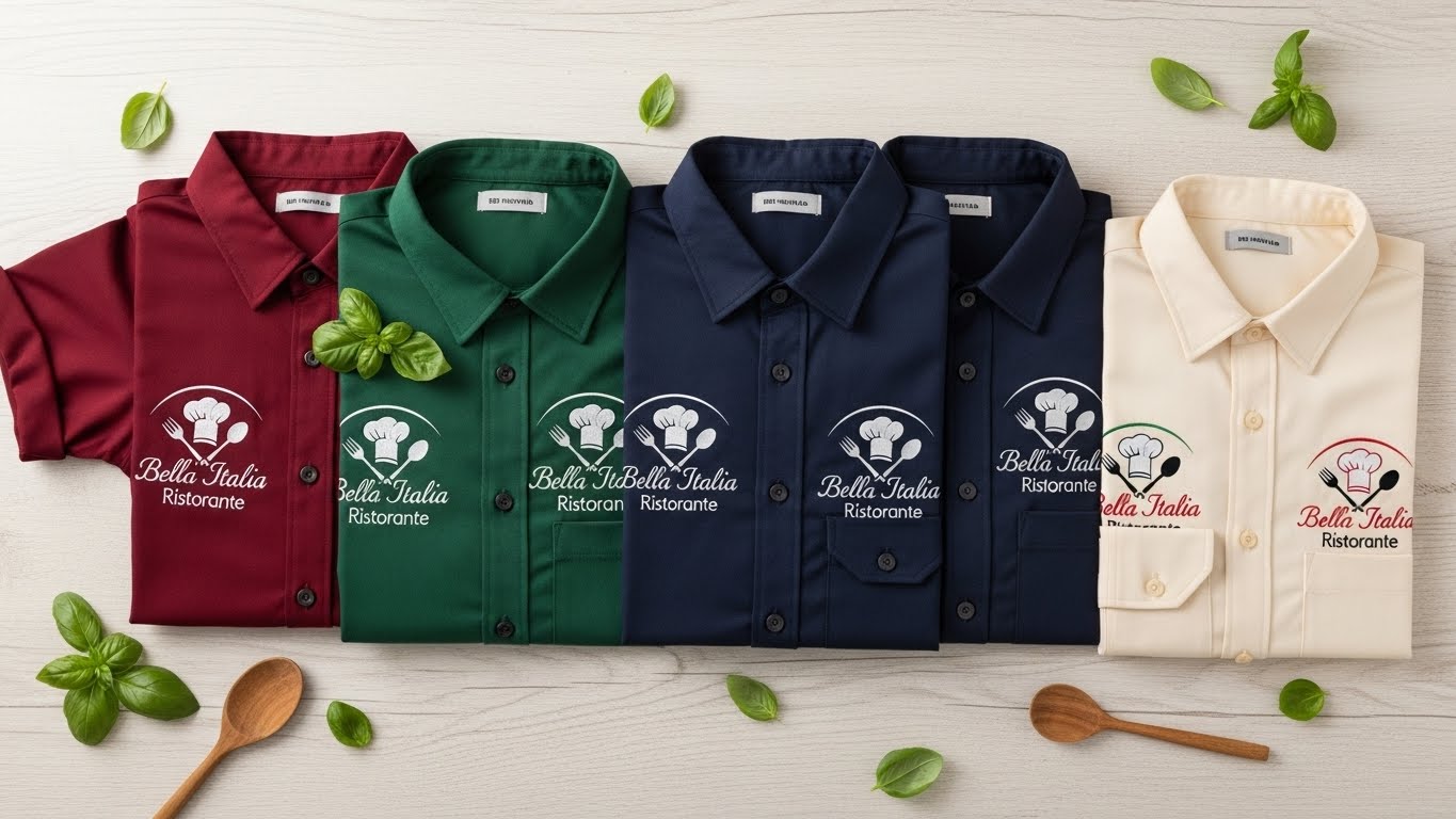 דוגמאות חולצות במגוון צבעים עם לוגו מסעדה איטלקית